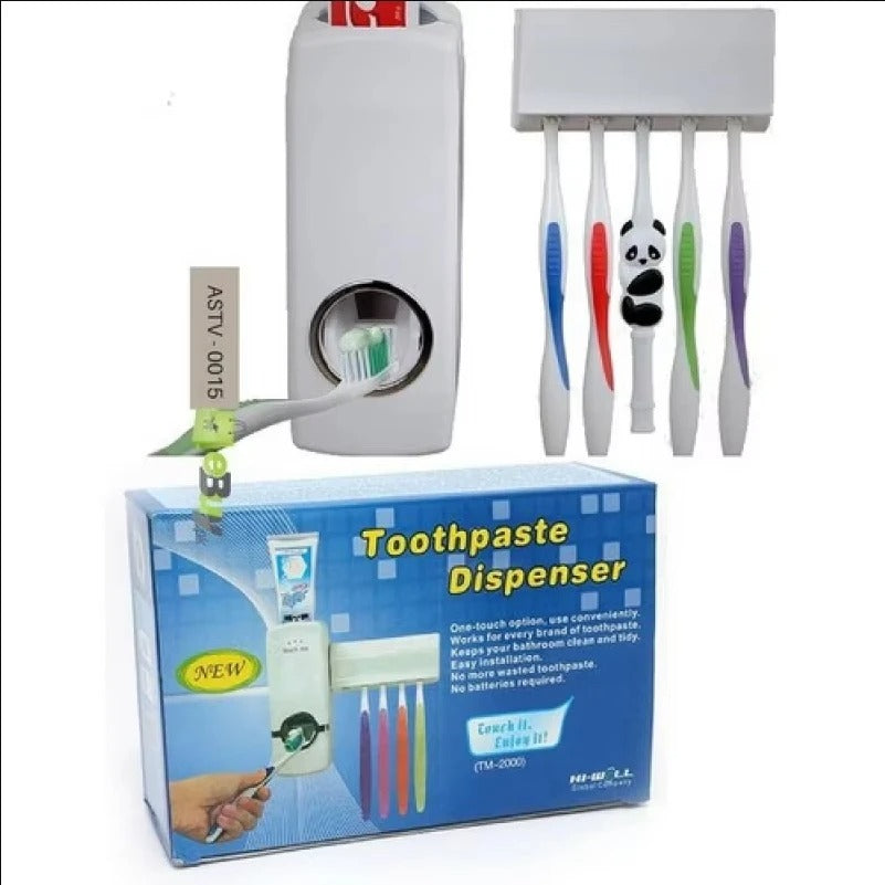 Toothpaste Dispenser With 5 Brush Holder Wall Mounted Automatic Hands Free Toothpaste Dispenser