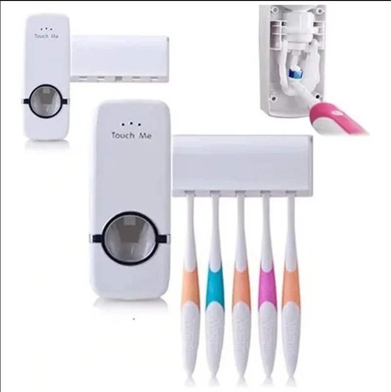 Toothpaste Dispenser With 5 Brush Holder Wall Mounted Automatic Hands Free Toothpaste Dispenser