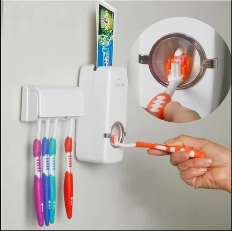 Toothpaste Dispenser With 5 Brush Holder Wall Mounted Automatic Hands Free Toothpaste Dispenser