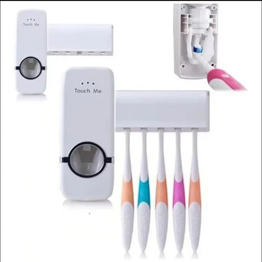 Toothpaste Dispenser With 5 Brush Holder Wall Mounted Automatic Hands Free Toothpaste Dispenser